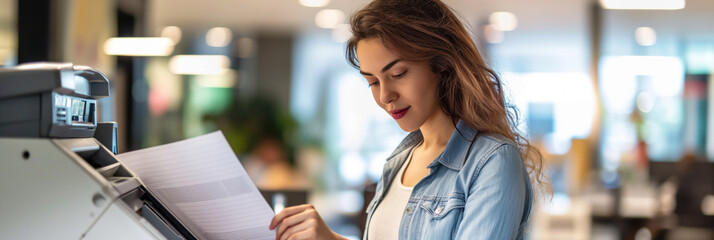 The woman is joyfully printing a document while smiling. Office Job. Copy Machine. Generative AI
