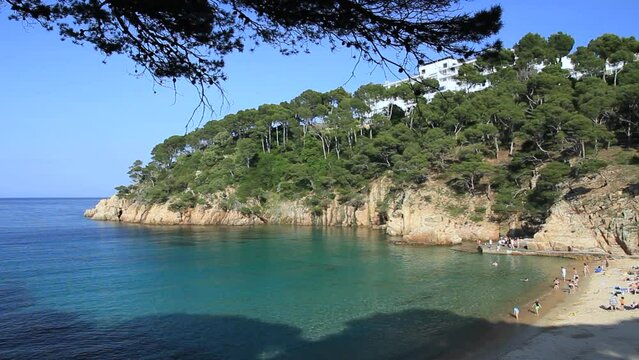Partial view of Aiguablava cove with cliffs. Begur, Costa Brava, Catalonia, Spain.