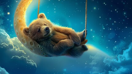 Fototapeta premium Baby bear sweetly sleeping on a crescent moon against a starry night sky and clouds. A fabulous character for a lullaby. Illustration for cover, card, postcard, interior design, decor or print.