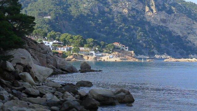 General view of Fornells from around the cove of Aiguablava. Begur, Costa Brava, Catalonia, Spain.