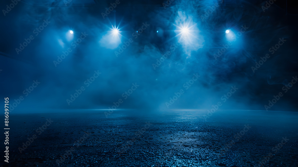 Poster a dark empty street dark blue background an empty dark scene neon light spotlights the asphalt floor