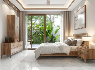 Modern bedroom interior with wooden bed and cabinet, white walls, window view to the garden, luxury hotel or resort room