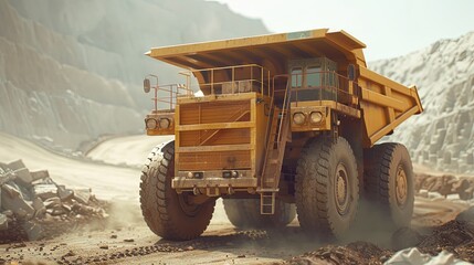 Obraz premium Hauling ore in a huge dump truck over the terraced paths of a deep open pit mine. The concept of developing a deposit of something. Large-scale mining operations. Illustration for varied design.
