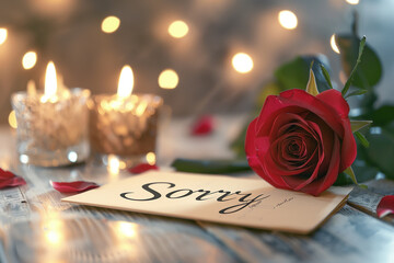 cozy, candlelit dinner table, a handwritten letter with the words "Sorry" delicately placed next to a single red rose. The image evokes a sense of romance and sincerity, illustrati