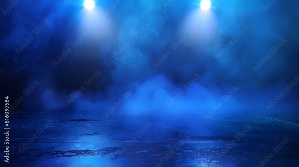 Poster dark empty scene blue neon searchlight light wet asphalt smoke night view rays : generative ai