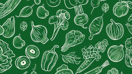 The seamless background pattern depicts a variety of organic farm-fresh fruits and vegetables in a vector illustration. The outline is done in a thin line style doodle design, predominantly in green