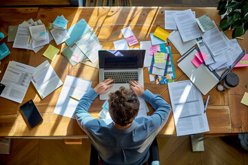Overhead view of a man sitting at a desk working on a laptop with lots of papers
