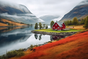 Fototapeta premium Red House by a Serene Lake in Mountain Valley with Autumn Colors in Norway
