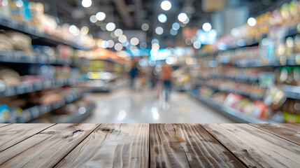 wood plank over blurred image of supermarket people shopping  product shelf  business concept : Generative AI
