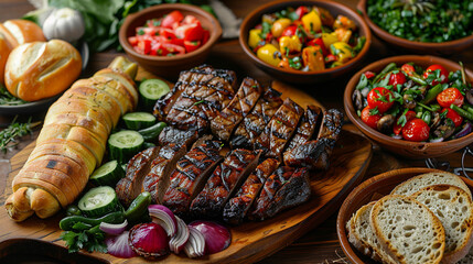 Grilled fish and vegetables on rustic table for gourmets