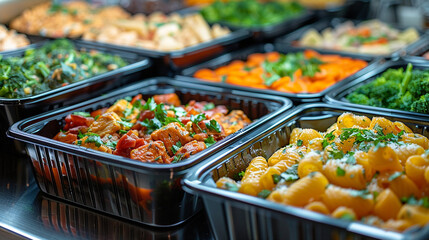 Delicious ready-to-eat meals in takeout containers displayed