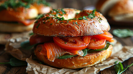 Delicious smoked salmon bagel with fresh toppings
