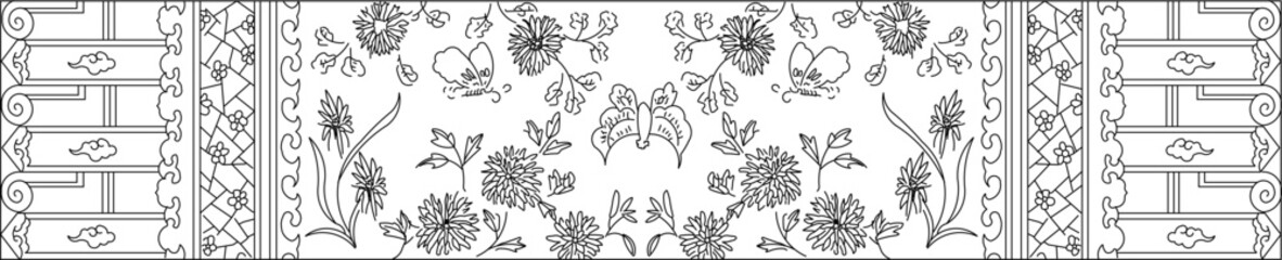 Sketch illustration vector design drawing of traditional ethnic floral animal batik carving motif