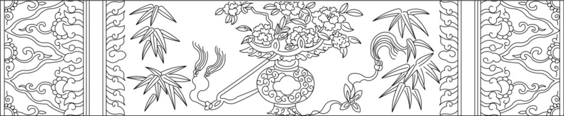 Sketch illustration vector design drawing of traditional ethnic floral animal batik carving motif