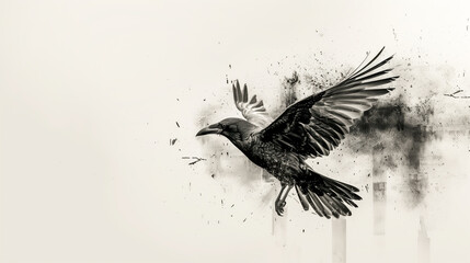 Dark Raven in Flight with Splattered Ink Effect - Edgy Modern Art, Symbol of Freedom, Mysterious Bird Illustration, Urban Gothic Style, Dramatic Avian Imagery, Artistic Wildlife Concept