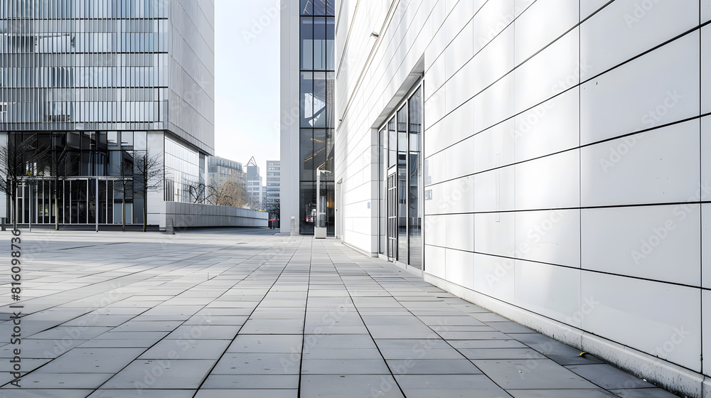 Aufkleber large modern building with high white wall near empty sidewalk covered with grey stone tiles on city