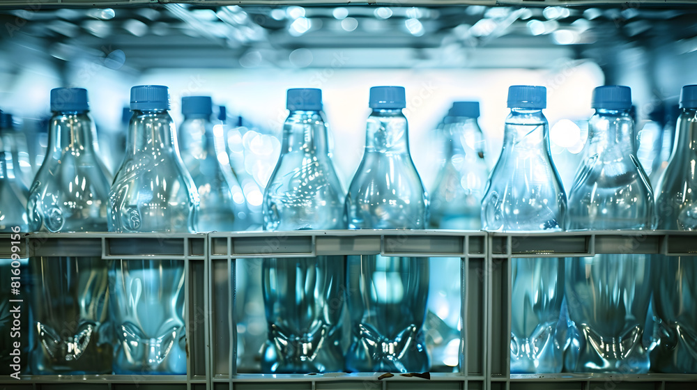 Poster Water bottle crate stacked with empty glass bottle in storage New and clean from factory : Generative AI