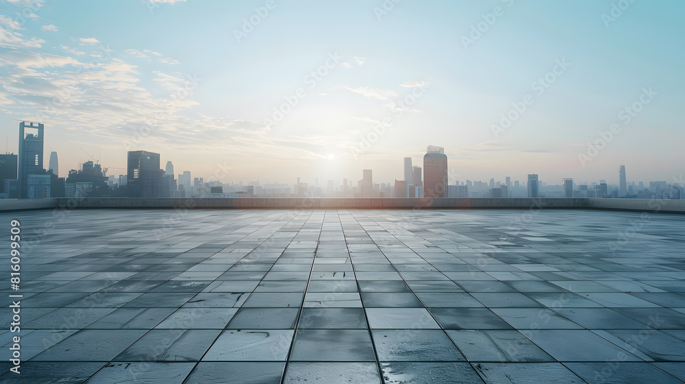 Aufkleber perspective view of empty concrete tiles floor of rooftop with city skyline morning scene : generati