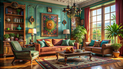 A detailed hyperrealistic rendering of a Bohemian-inspired living room, highlighting antique furniture and a modern design aesthetic in vibrant colors.