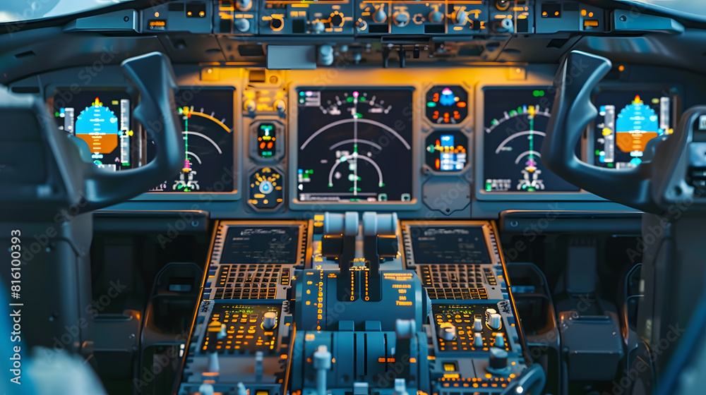 Poster Control panel and control equipment of plane in cockpit Plane cockpit with many function to control plane monitor equipment in plane cockpit and operation by pilot and copilot in plane : Generative AI