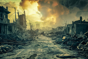Fototapeta premium City street devastated with demolished buildings and scattered debris