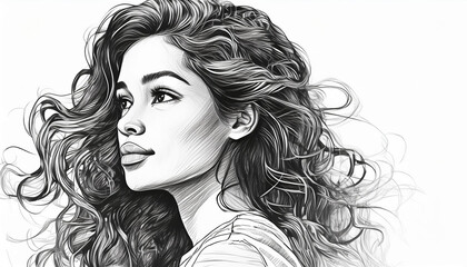 Black and white sketch of beautiful young woman with long curly hair. Female beauty. Hand drawn art