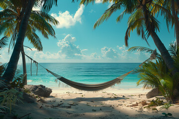 A hammock strung between two palm trees, overlooking a turquoise ocean