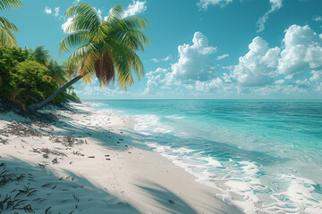 A secluded sandy beach with platinum palm trees swaying in a warm breeze