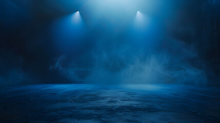 Naklejka premium A dark empty street dark blue background an empty dark scene neon light spotlights The asphalt floor and studio room with smoke float up the interior texture night view : Generative AI