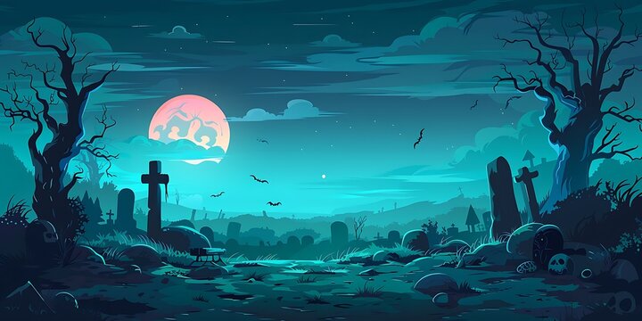 Halloween graveyard with full moon and dead trees. Vector illustration.