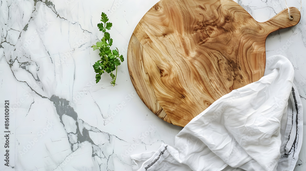 Poster wood cutting board with linen napkin and plant on marble table with copy space top view : generative