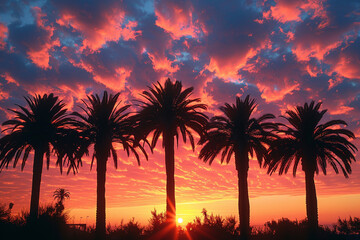 The silhouette of elegant palm trees against a fiery summer sunset