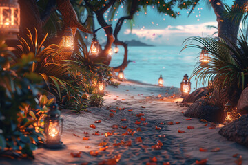 A tranquil beach path lined with softly glowing lanterns and palm trees