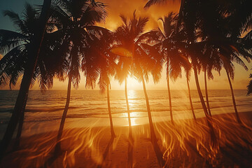 A golden hour glow casting luxurious shadows of palm trees on the beach