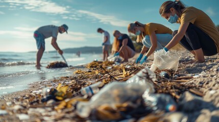 Volunteers Cleaning Beach Litter Under Sunny Sky