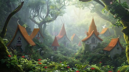 Fototapeta premium A fairytale village in the forest with many miniature houses covered with moss. Fantasy landscape. Concept of unreal world. Illustration for cover, greeting card, interior design, decor or print.