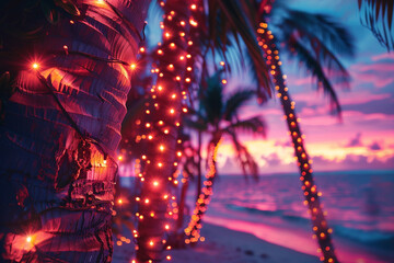 A beach festival with palm trees adorned in twinkling fairy lights