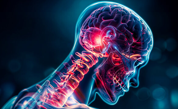 Medical 3D x-ray illustration of a human spine and brain, painful nervs are highlighted in red