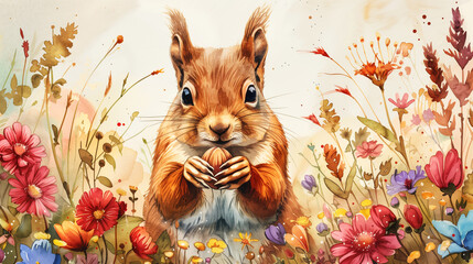 Fototapeta premium Watercolor style illustration of a red squirrel holding a hazelnut, sitting in a field of colourful flowers