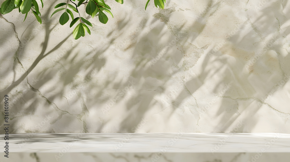 Aufkleber minimal empty white marble stone counter table top green tree in sunlight leaf shadow on beige brown