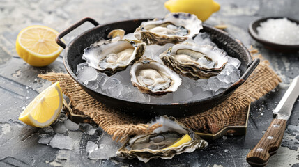 A tray of fresh oysters on crushed ice with wedges of lemon. National Oyster Day, concept for culinary magazines, seafood restaurant and food blogs.