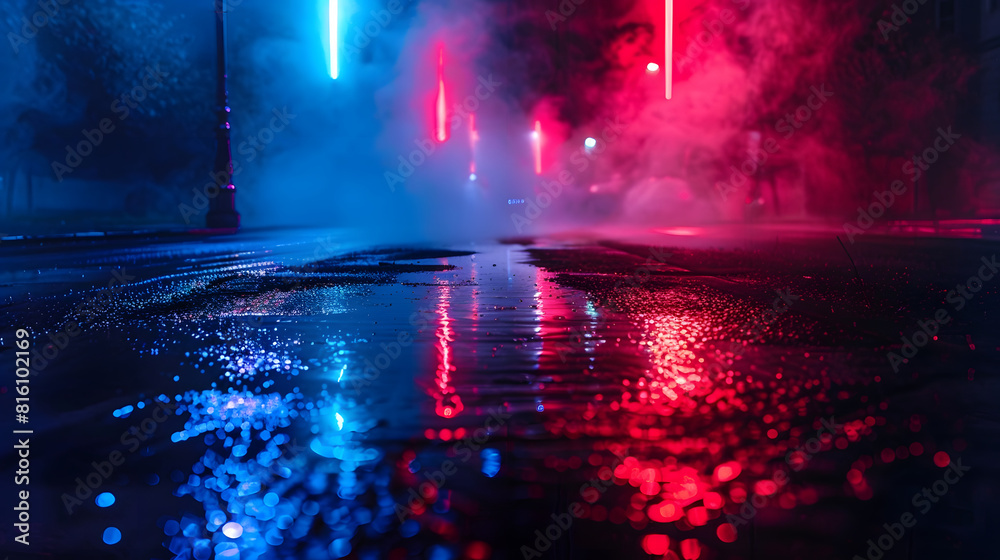 Poster wet asphalt reflection of neon lights a searchlight smoke abstract light in a dark empty street with