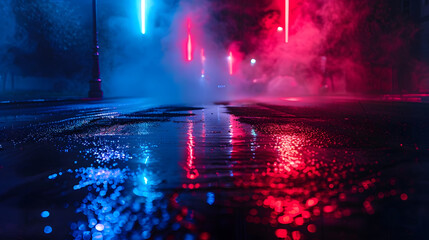 Wet asphalt reflection of neon lights a searchlight smoke Abstract light in a dark empty street with smoke smog Dark background scene of empty street night view night city : Generative AI