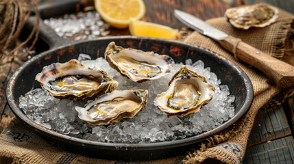 A tray of fresh oysters on crushed ice with wedges of lemon. National Oyster Day, concept for culinary magazines, seafood restaurant and food blogs.