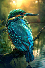 The Regal Stance of Green-Blue Bird Against the Backdrop of a Serene River Setting