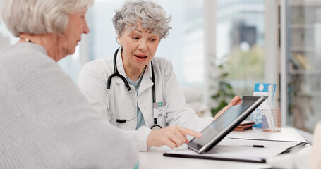 Senior doctor, tablet and discussion with patient for healthcare prescription or diagnosis at...