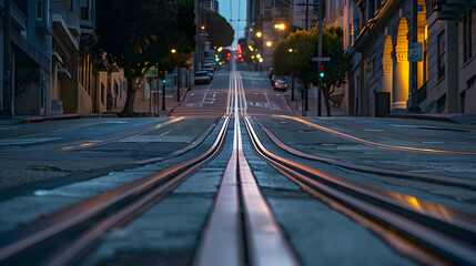 Low angle twilight view of an empty road with cable car tracks leading up a steep hill at famous...