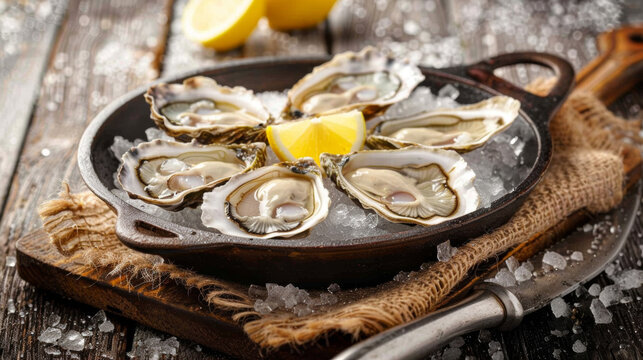 A tray of fresh oysters on crushed ice with wedges of lemon. National Oyster Day, concept for culinary magazines, seafood restaurant and food blogs. - Powered by Adobe