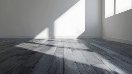 Perspective of the sun light cast the shadow on white empty room and dark laminate wood floorclassic interior styleblank space architecture : Generative AI