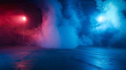 Bright stadium arena lights Smoke bombs neon lights spotlights asphalt abstract dark blue background floor and studio room with smoke float up the interior texture night view for displ : Generative AI